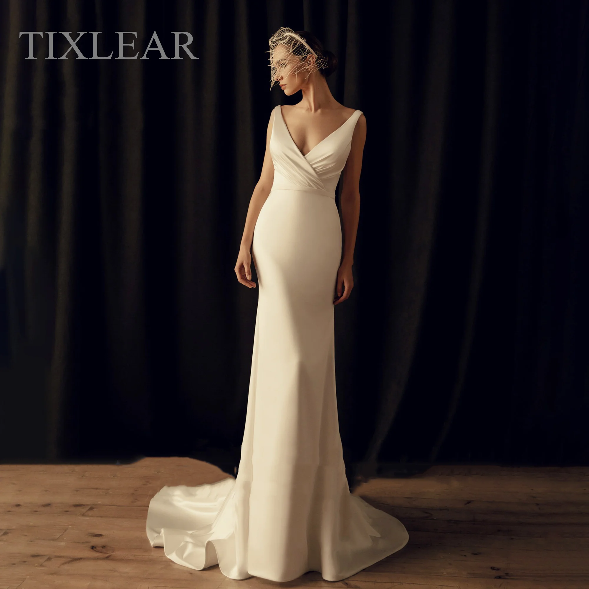 

TIXLEAR Mermaid Wedding Dress Deep V-Neck Sleeveless Backless Pleat Floor Length Simple Bridal Gown Vestidos De Noiva Women New