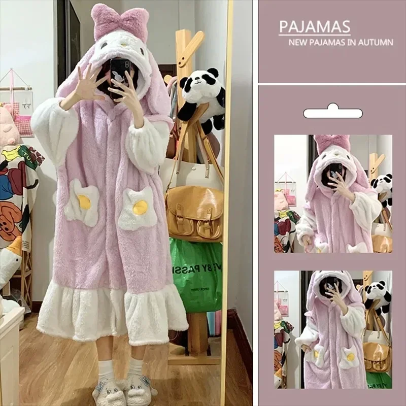 

Kawaii Sanrio MyMelody Anime Plush Pajama Dress New Cute Princess Winter Home Flannel Thickened Warm Hooded Birthday Girl Gift