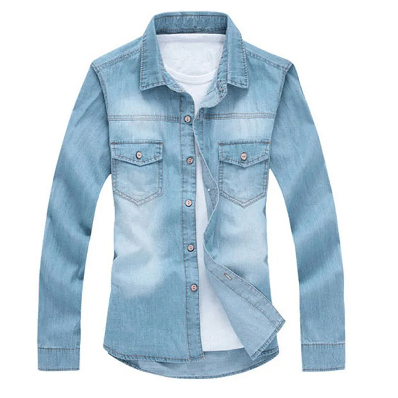 Fashion Classic Retro Jeans Shirt with Pocket Slim Fit Men's Long Sleeve Blue MY850 for Spring