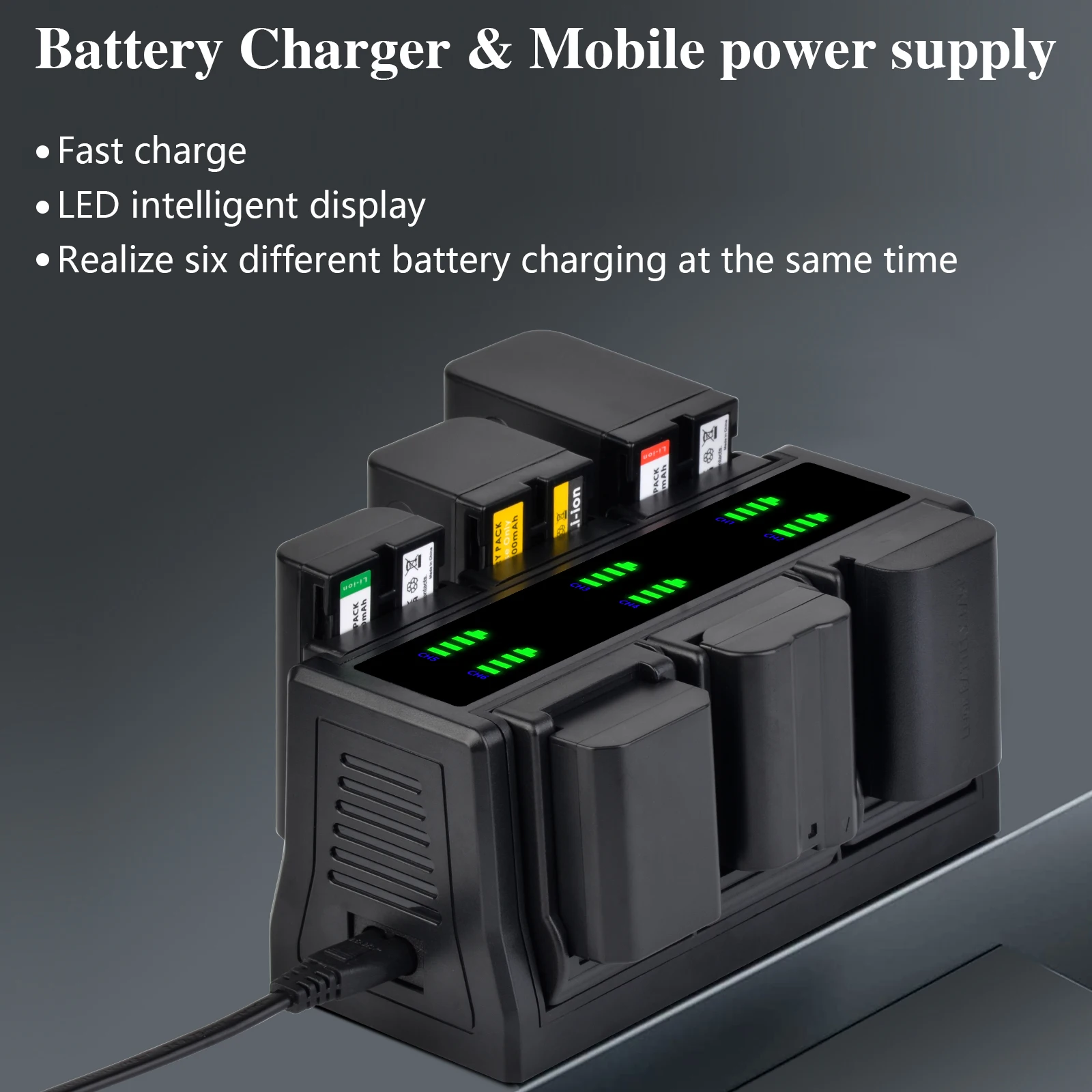 Fast Charger 6-Channel with Changeable Plate For NP-F970 NP-F960 NP-F750 NP-F550 NP-FZ100 LP-E6 EN-EL15 NP-W235