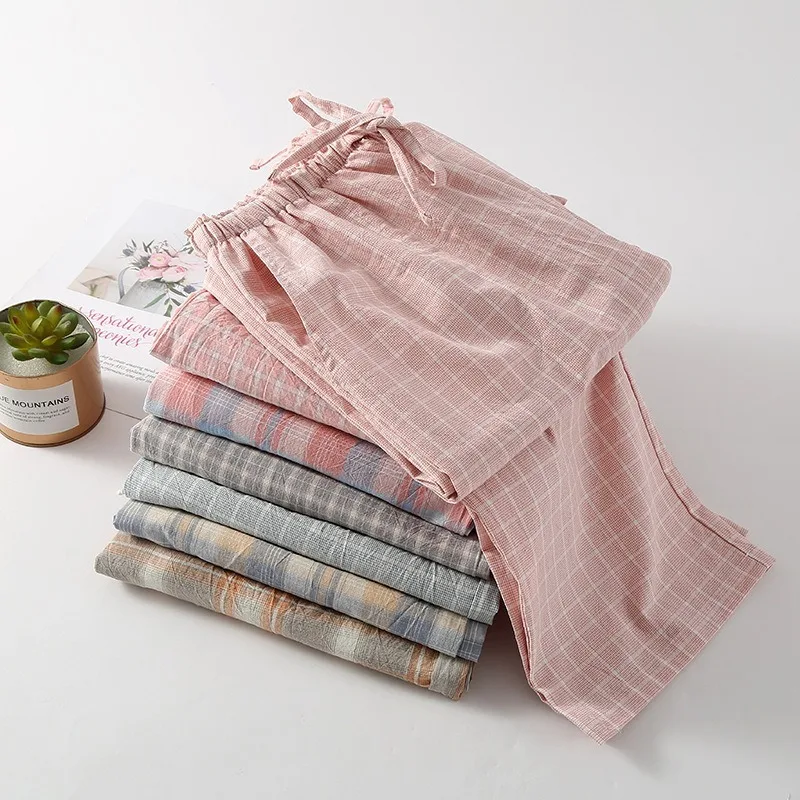 Pantaloni da pigiama da donna a quadri in cotone, pantaloni da casa comodi, traspiranti e morbidi, gamba dritta, pantaloni da notte alla moda_voghion.com