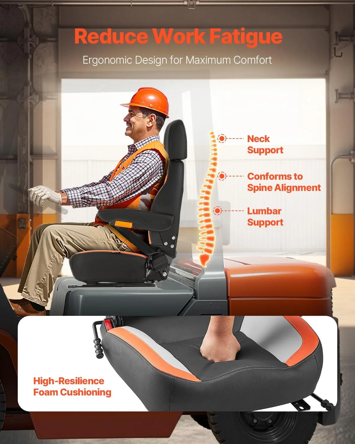 Universal Forklift Seat, Tractor Seat with Adjustable Back, Armrest, Headrest & Safety Belt, Secure Tractor Seat with Micro