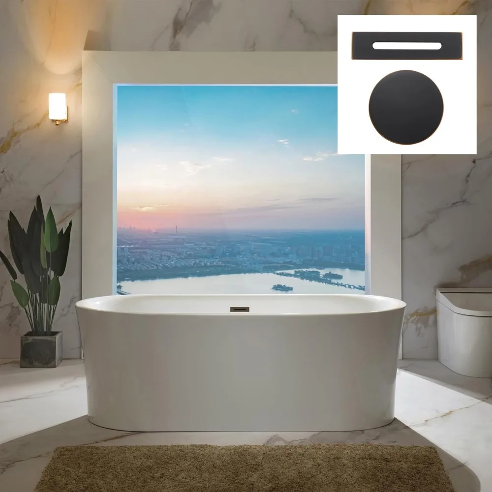 67" Acrylic Contemporary Soaking Tub with Matte Black Overflow and Drain，Acrylic Reinforced with Fiberglass，Freestanding Bathtub 6