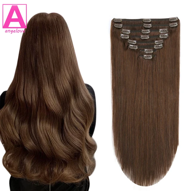 Extensions de cheveux à clipser pour femmes, vrais cheveux humains bruns, double trame, 8 pièces, droites, #4 1