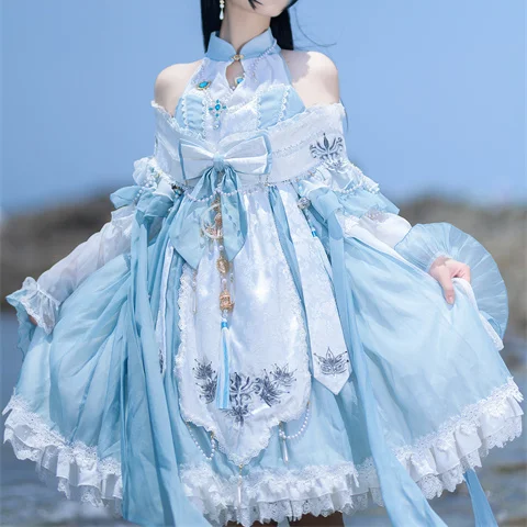原宿ヴィンテージブルーライラックメッシュドレス