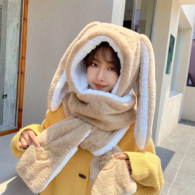 2022 New Fashion Scarf Hat Glove Women Cute Big Ear Bunny Beanie Winter Warm Soft Thickening Pocket Warm Ear Hats Hooded Skullie 5