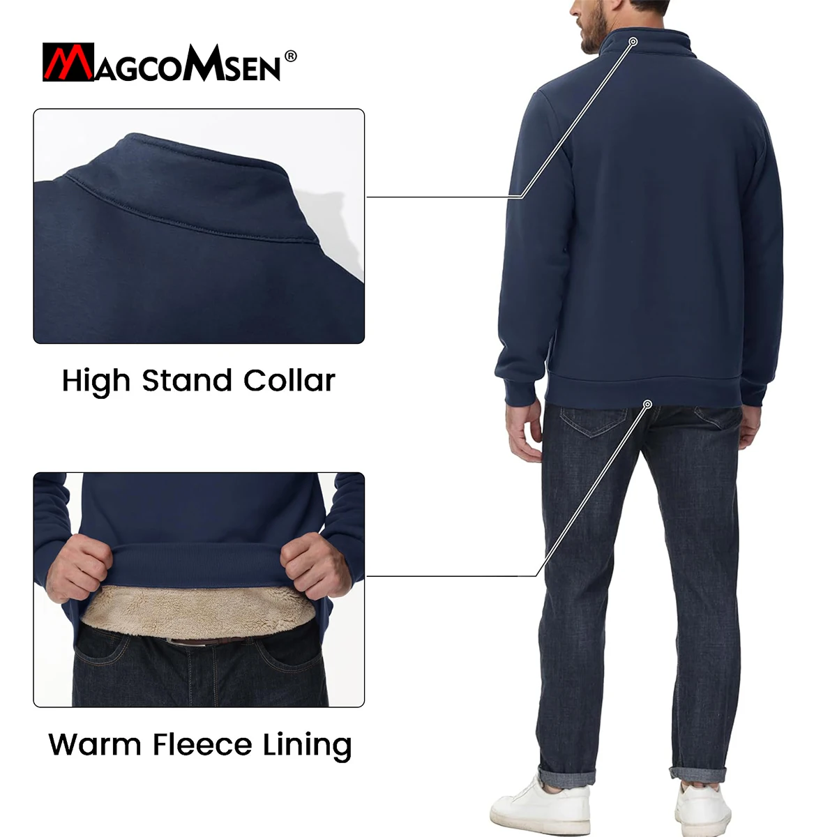 MAGCOMSEN 1/4 Zip Thermal Warm Sweatshirts Mens Sherpa Lined Turtleneck Fleece Heavyweight Pullover Winter Warm Sweaters Male