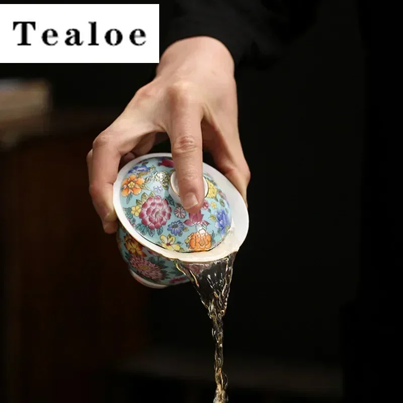 Chinese Enamel Color Ceramic Gaiwan Pot Bearing Handmade Flowers Porcelain Tea Bowl Teacup Household Tea Infuser Travel Teaware