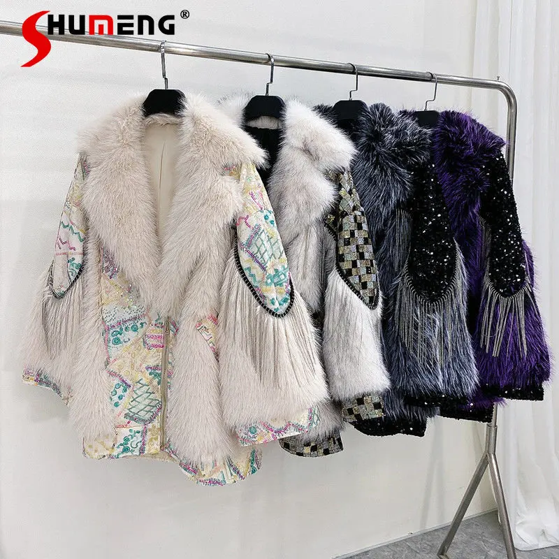 

New Winter Clothes Women's Faux Toka Fur Integrated Coat Fashion Patchwork Tassel Sequin Warm Lamb Wool Fur Jacket Outwear