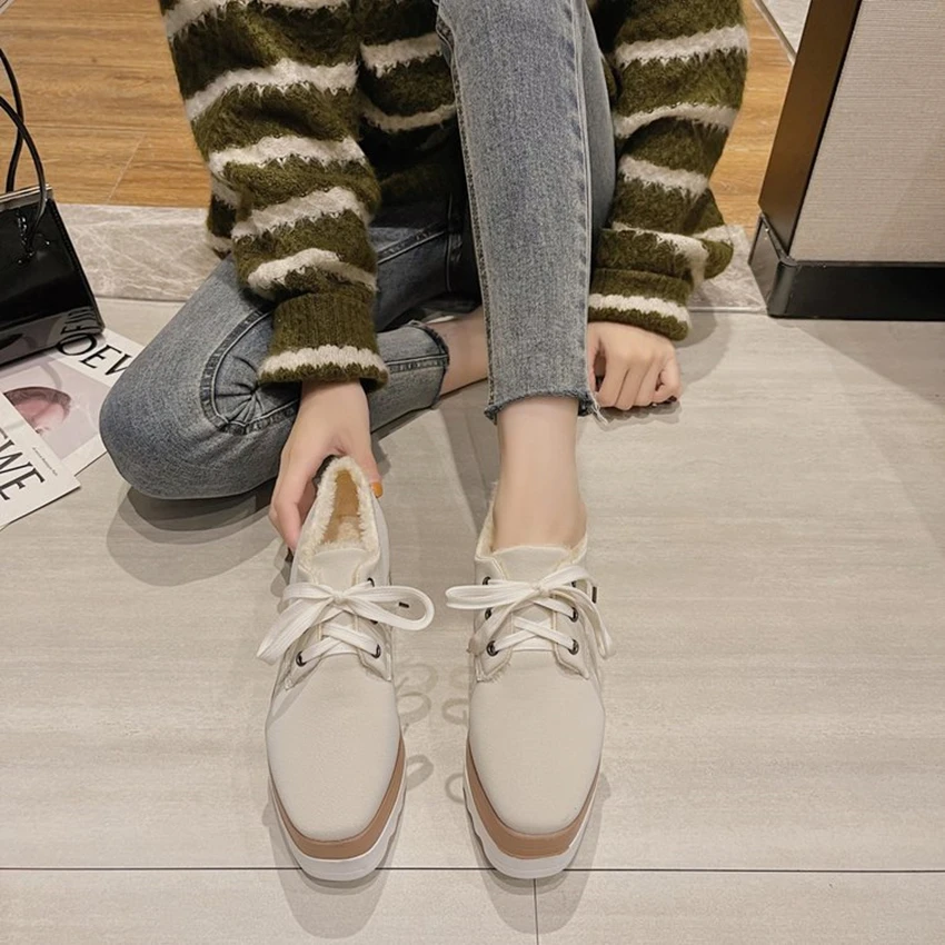 2024 New Synthetic Sock Furry Heels Warm Platform Wedge Boots Women Spring Autumn Shoes Plush Winter Females Ankle Booties