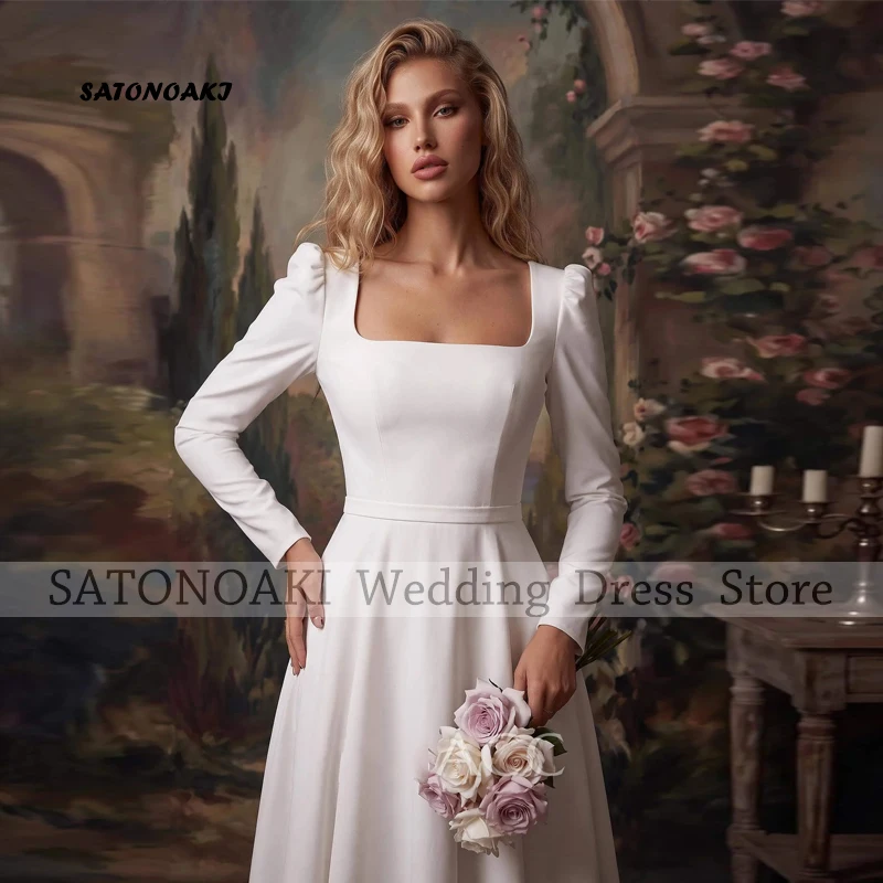 Customized Elegant Boho Square Neck Short Wedding Dress for Bride Puff Sleeves A-line Tea Length Bride Gown Vestidos De Novia