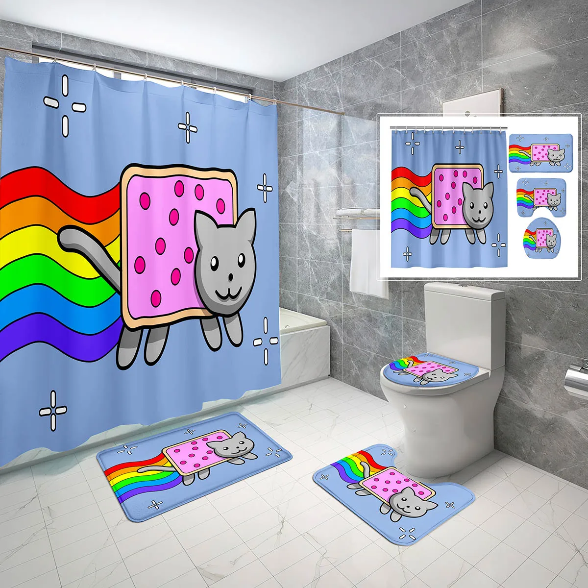 4 PCS Funny Kitten Shower Curtain Set Cartoon Animal Naughty Pet Shower