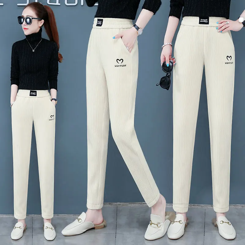 Winter Plus Velvet Harem Pants Women Solid Corduroy High Waist Pantalones Letter Print Stretch Fleece Lined Baggy Sweatpants