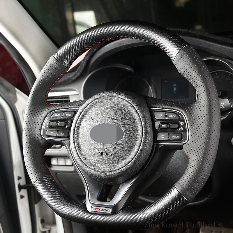 

Сшитая вручную черная оплетка рулевого колеса из углеродной искусственной кожи для Kia K2 K3 Cerato KX3 K4 K5 Sport King KX5 интерьер автомобиля