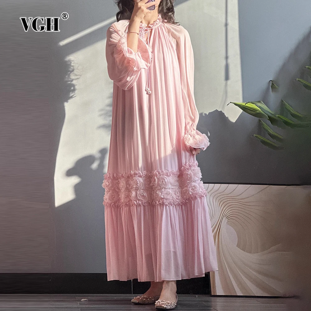 

Женское свободное платье VGH, лоскутное платье с аппликацией, воротником-стойкой, длинным рукавом, высокой талией и шнуровкой, минималистичное платье, новинка