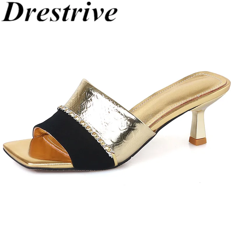 

Drestrive Fashion Women's Slippers Cow Leather Square Toe Thin High Heels Luxury Summer Shoes Top Quality Chain