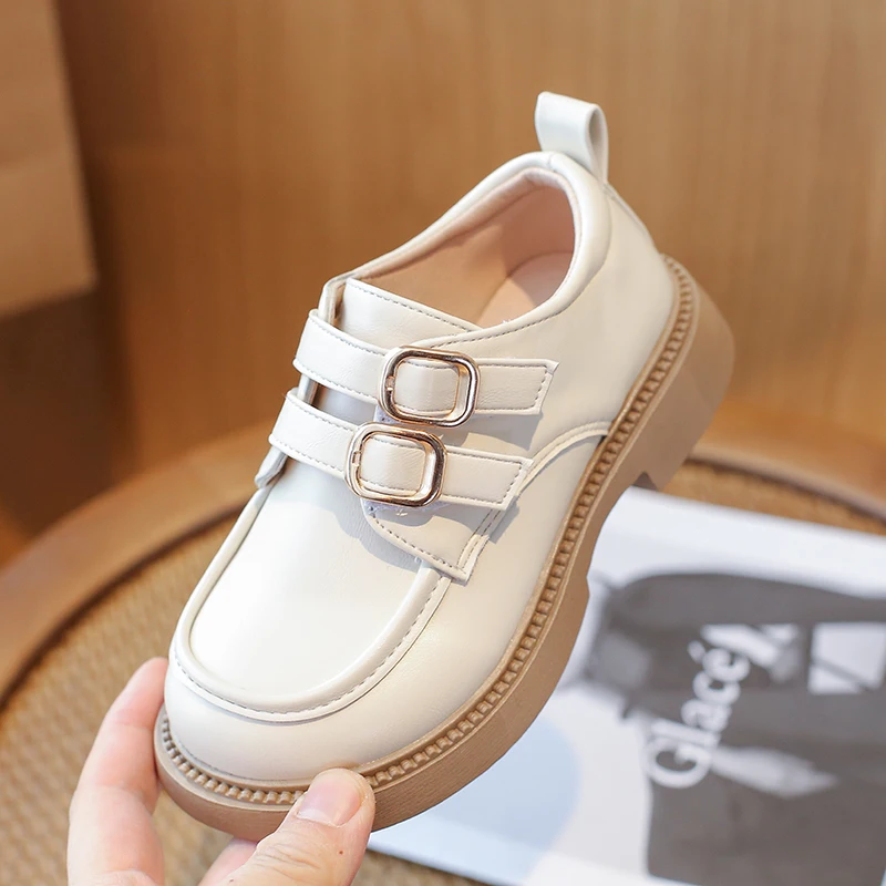Children Leather Shoes Buckle Solid Color School Spring Kids Flat Shoe 23-36 Unisex Fashion Round Toe Flexiable Boys Girls Shoe