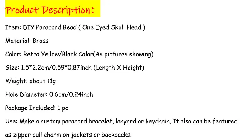 Description Picture 2 of itemOne Eyed Skull Head Brass Knife Beads EDC DIY Paracord Woven Bracelets Lanyard Pendants Accessories Outdoor Tool Hangings Charms