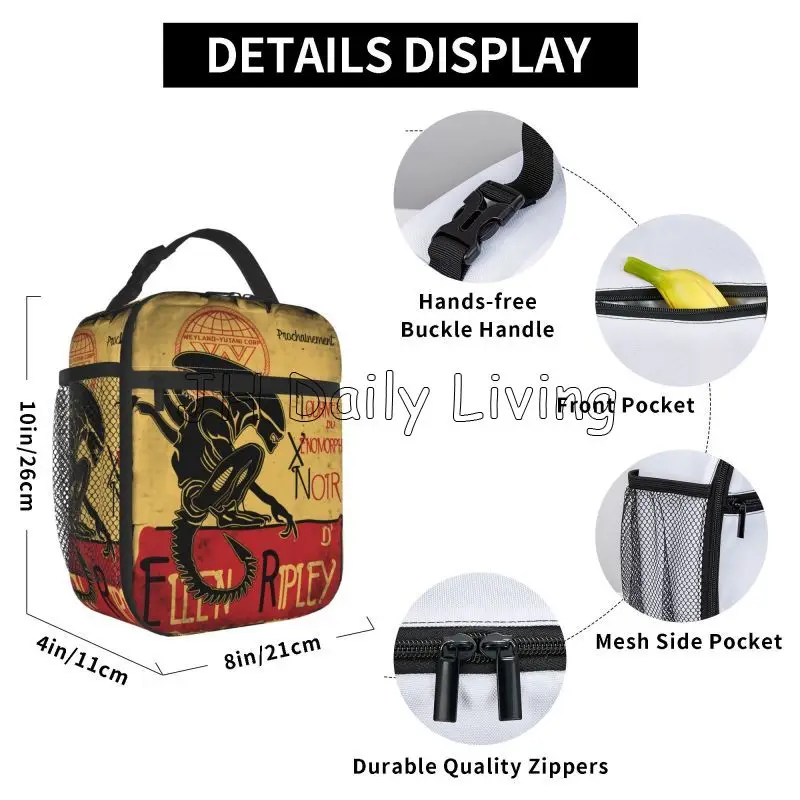Vintage Tournee Du Xenomorphe Noir Essential Insulated Lunch Bag Alien Ellen Ripley Portable Waterproof Thermal Cooler Tote Bags