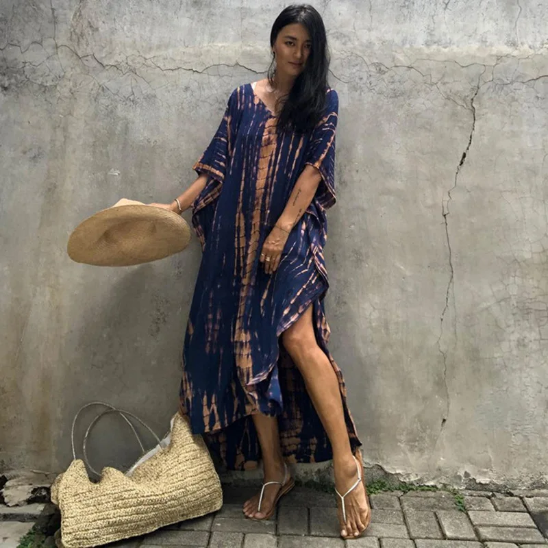 Fashion Casual Striped Print Long Dresses Women Bohemian V-neck Bat Sleeve Loose Slit Beach Dress Summer New Beachwear Vestidos 151 Fashion Casual Striped Print Long Dresses Women Bohemian V-neck Bat Sleeve Loose Slit Beach Dress Summer New Beachwear Vestidos