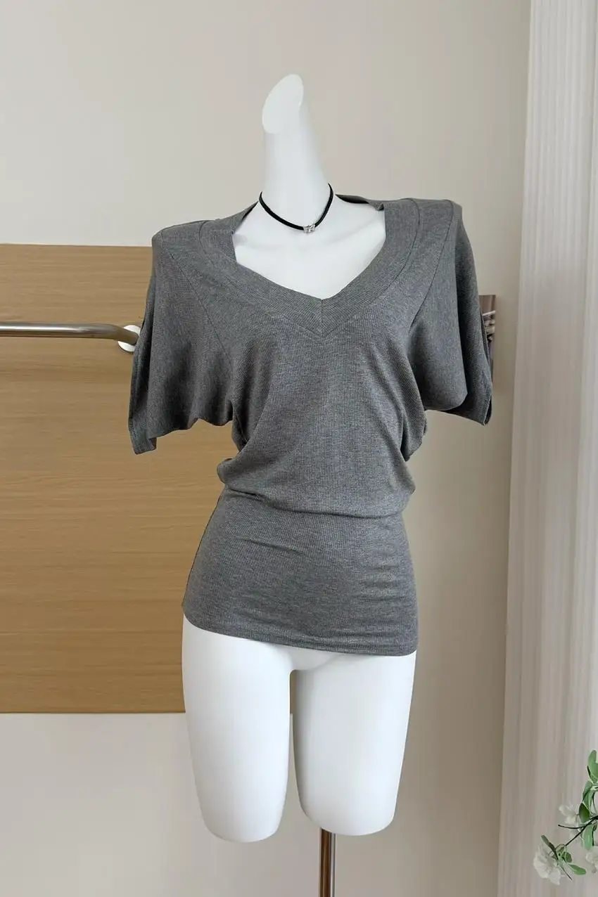 Women's Summer Batwing Sleeve V Neck Elastic Solid Color T Shirt Lady Casual Streetwear Pullover Short Sleeve Slim Tee Top 6