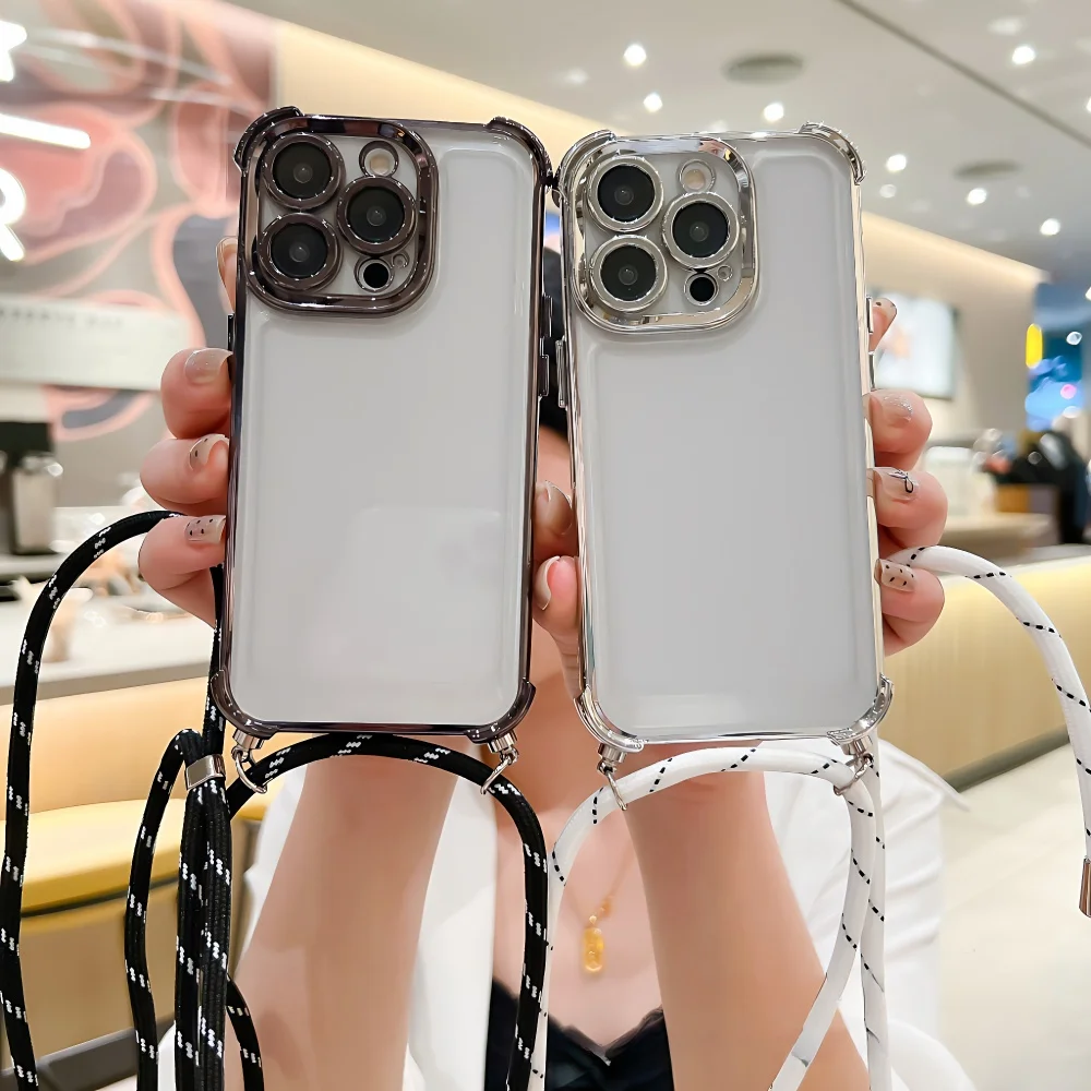 FLYKYLIN Luxury Lanyard Plating Silicone Phone Case with Clear Back Cover