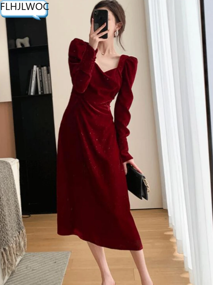 Vestido Rojo elegante para mujer, traje de terciopelo largo con cuello  cuadrado, elegante, a la moda, 2022 - AliExpress