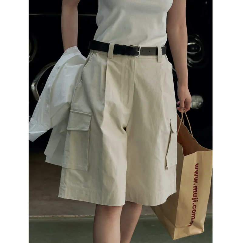 Spring Summer Women Street Pocket Cargo Shorts Elastic High Waist Loose