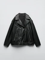 Ailegogo Femmes Loose Moto Biker Noir Pu Faux Cuir Veste avec Ceinture Printemps Automne Femme Zipper Manteau Outwear 1