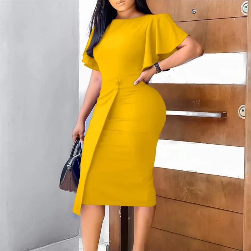 

African Dresses For Women 2024 New Arrival Summer Bell Sleeve Round Neck Slit Solid Color Pencil Dress Elegant Party Office Lady