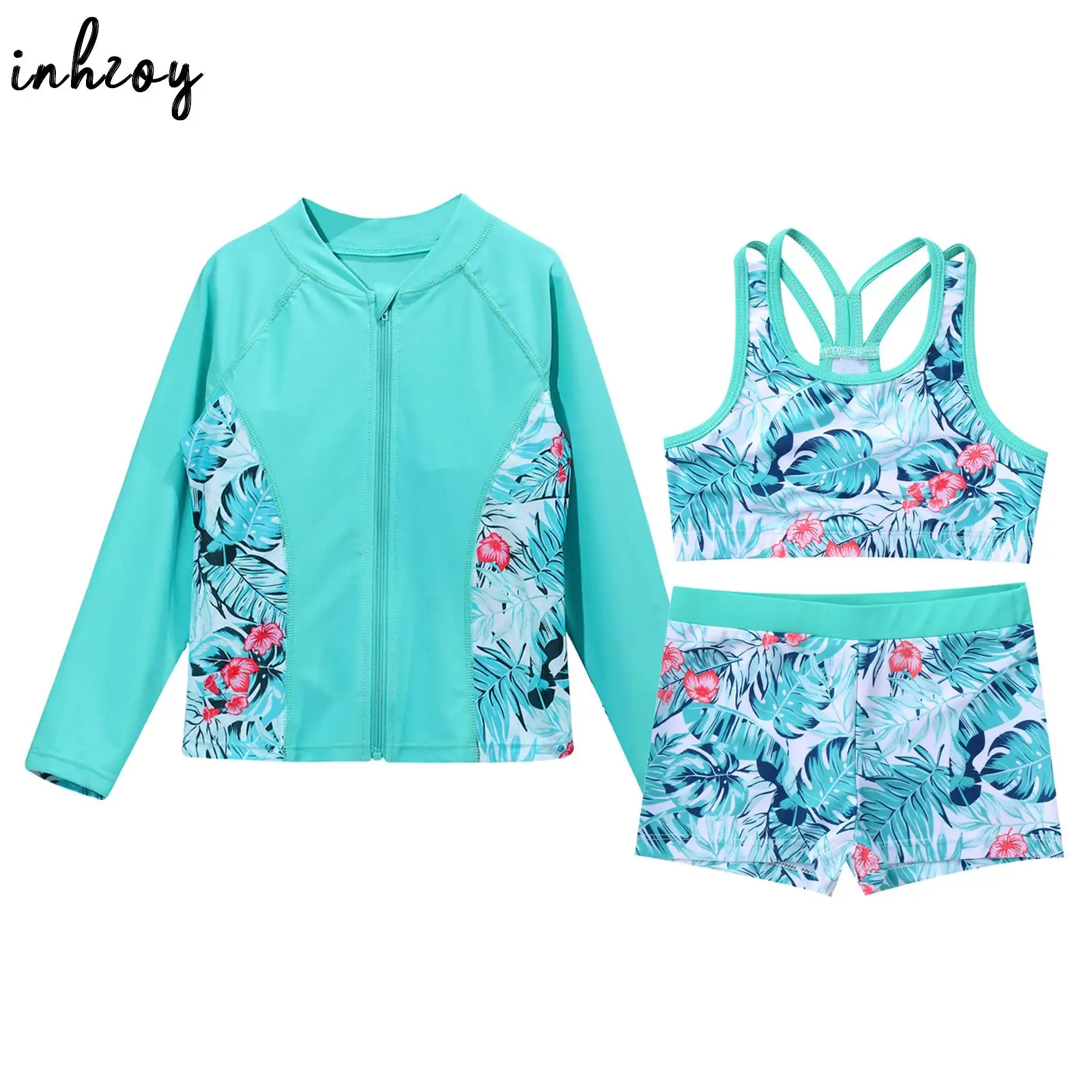 

3Pcs Kids Girls Swimsuit Long Sleeve Rash Guard Swimwear Beachwear Zipper Swim Shirt+Crop Tank Top+Shorts Swimming Bathing Suits