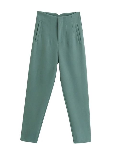TRAFZA Women Light Blue Chic Fashion Office Wear Straight Pants Vintage High Waist Zipper Fly Female Trousers Fashion 2024