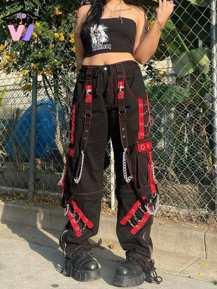 

New In Women All Season Hip Hop Slacks Casual Fashion Low Waist Button Chain Punk Wide Leg Pants Patchwork Gothic Moto Trousers