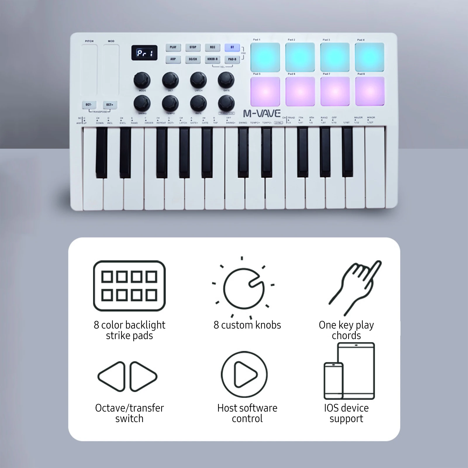 MIDI-Steuerungstastatur mit 25 Tasten, tragbare Mini-USB-Tastatur, MIDI-Controller mit 25 geschwindigkeitsempfindlichen Tasten, 8 RGB-Pads mit Hintergrundbeleuchtung
