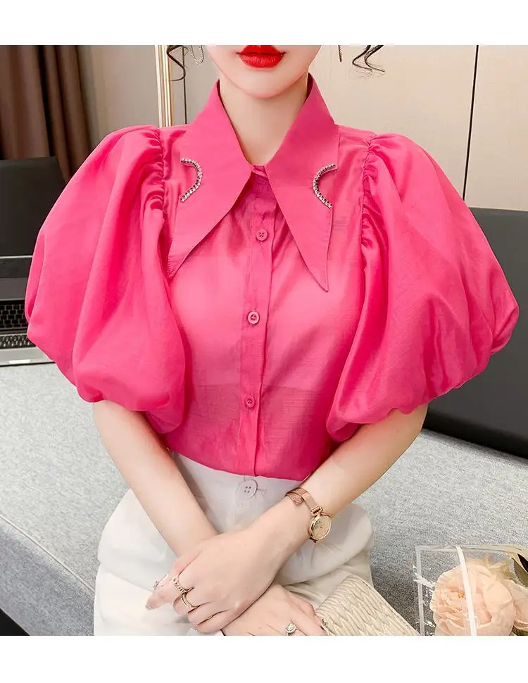 Summer Women's Tops Diamond Point Collar Lantern Short Sleeve White Shirt Korean Fashion Designer Women's Clothing Office