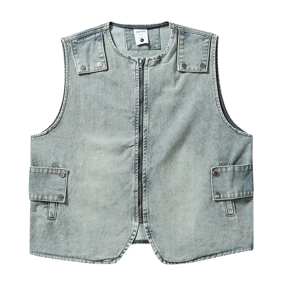 

Summer Men's Fashion Washed Denim Vest Zipper Cardigan Round Neck Can Shoulder Workwear Outside The Trend of Casual Top Jacket