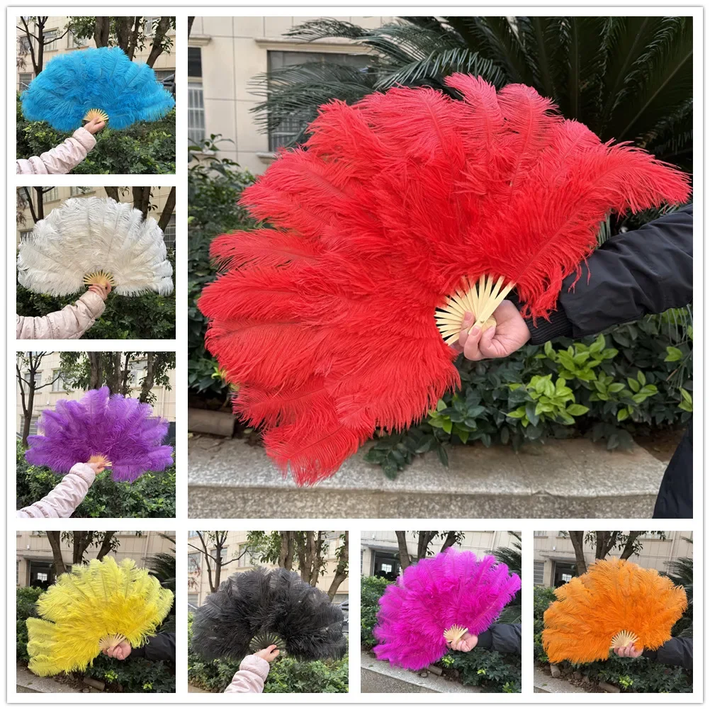 Red Real Fluffy Ostrich Feather Hand Fans for Stage Performance Dancer Show Wedding Parties Carnival Ostrich Plumes Hand Fans