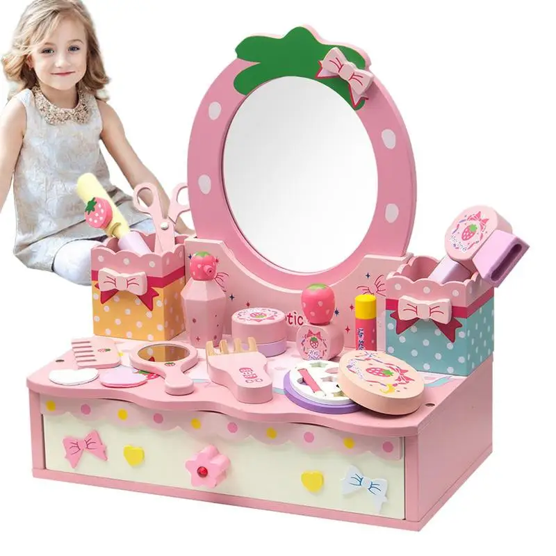 

14 PCS Smooth Wooden Makeup Toy Set Kids Playset Hairdressing Toys Kit Play House Pretend Play Set Girls Makeup Toys