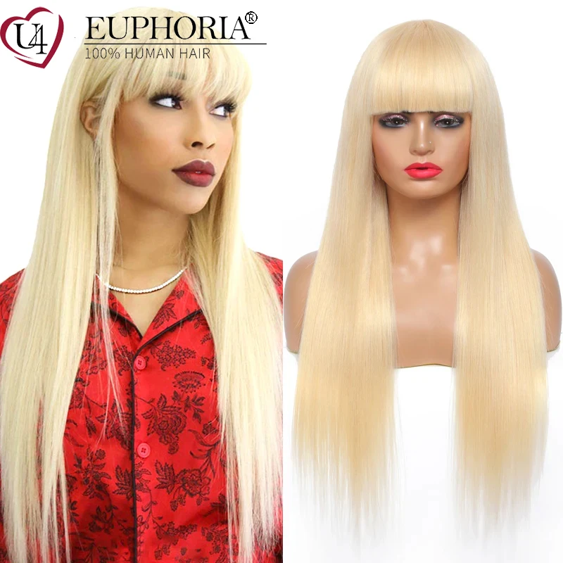 

Full Machine Non Lace Wigs With Bangs Blonde Straight Hair Wigs Brazilian Remy Human Hair Ombre Platinum 613 8-28Inch EUPHORIA