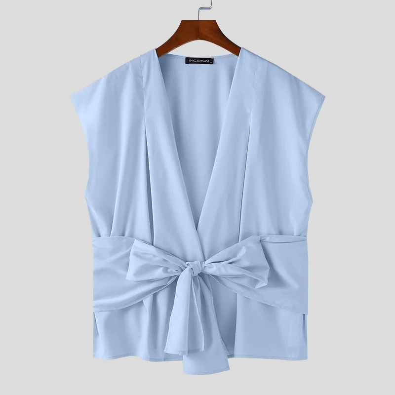 thumbnail image 1 of INCERUN Tops 2024 estilo americano para hombre, diseño deconstructivo, chalecos retorcidos, ropa de calle informal, camisetas sin mangas sólidas para hombre, todo en uno, tallas S-5XL, 1 of 5