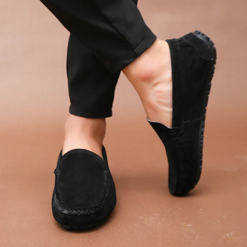 New Men Casual Shoes Fashion Summer Men's Shoes Suede Leather Mens Loafers Moccasins Brand Slip On Male Flat Driving Shoes Black 2