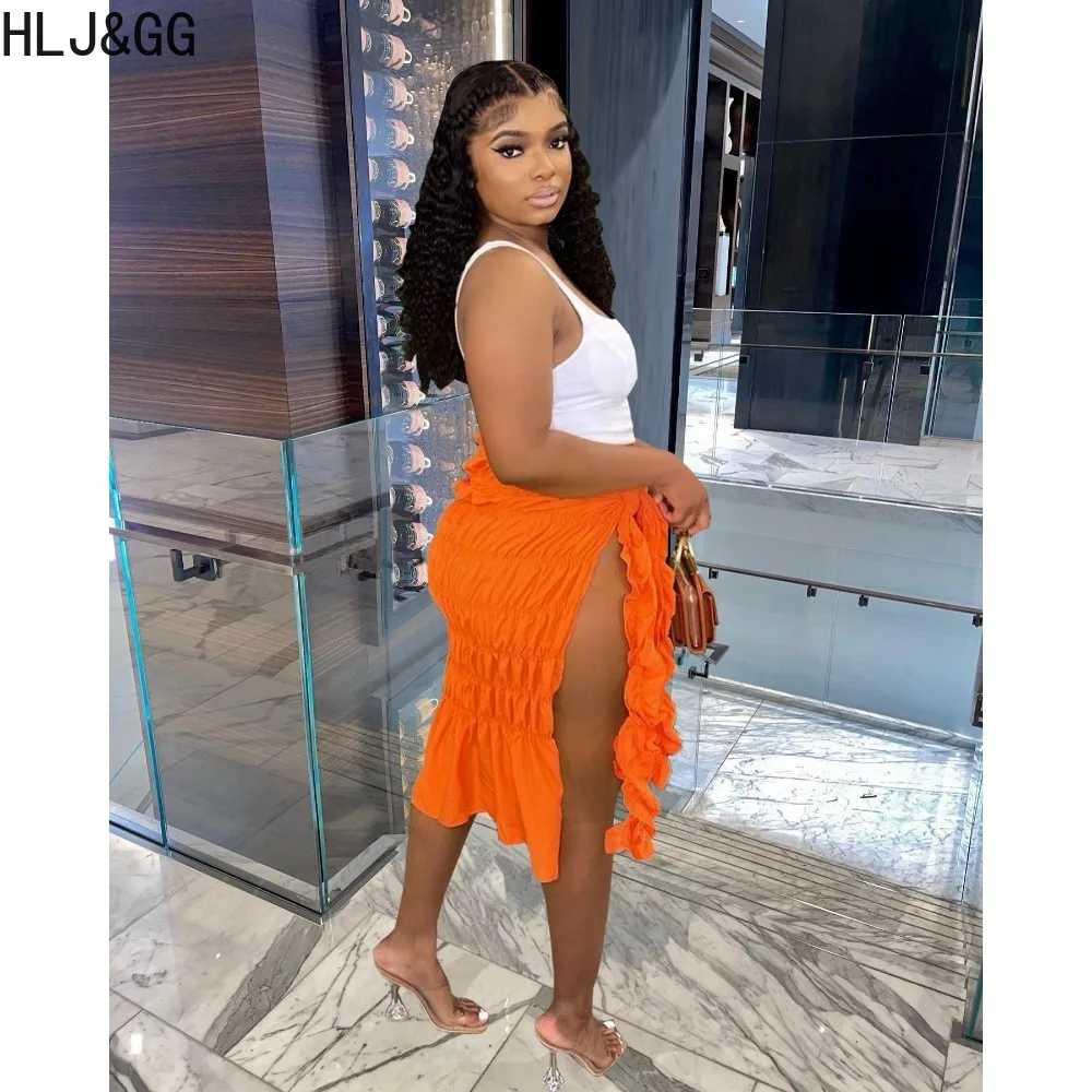 HLJ&GG Sexy Solid Color Ruched High Slit Bandage Skirts Women High Waisted Lace Up Stacked Slim Skirt Summer Female Bottoms 2024