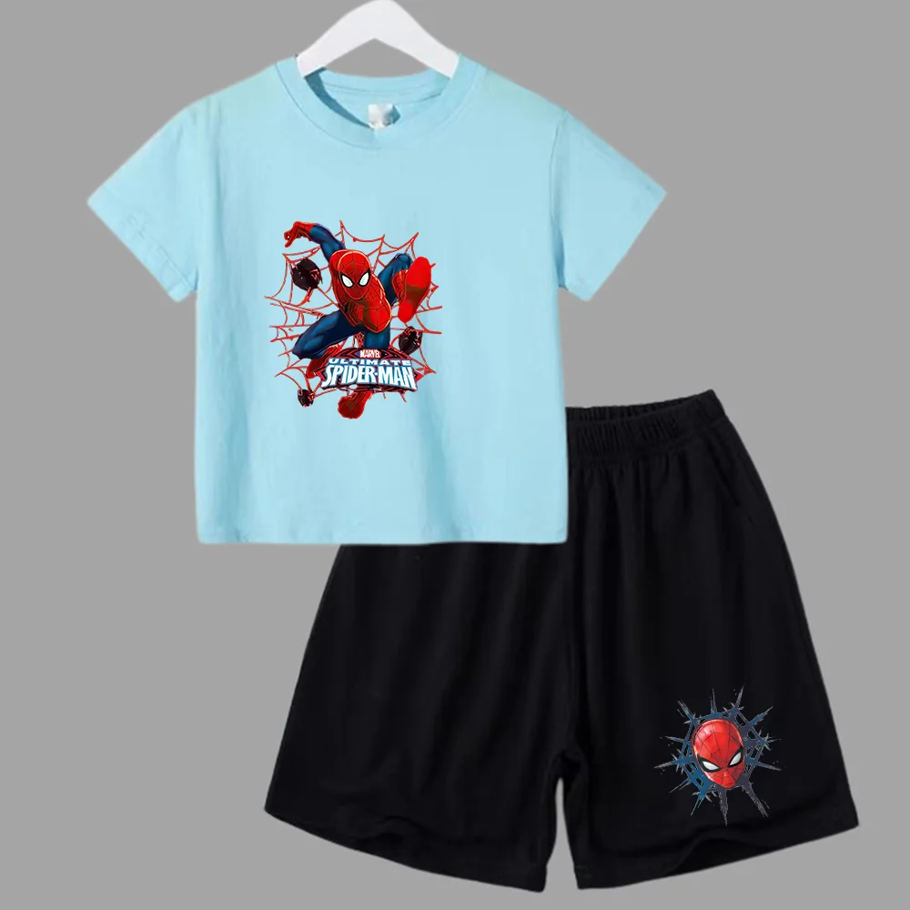 Conjunto de verano de Marvel Spider-Man para bebé adolescente, camiseta para niño, pantalones cortos, conjunto de 2 piezas, ropa deportiva de manga corta para niño y niña, marca de dibujos animados pa