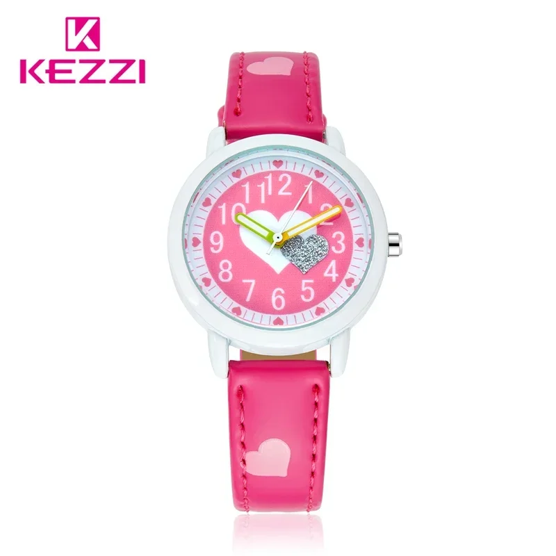 

KEZZI Love Hearts child Watches Girl Leather Printing Strap Cartoon Kids Watch Students Quartz Wristwatch Casual Fashion