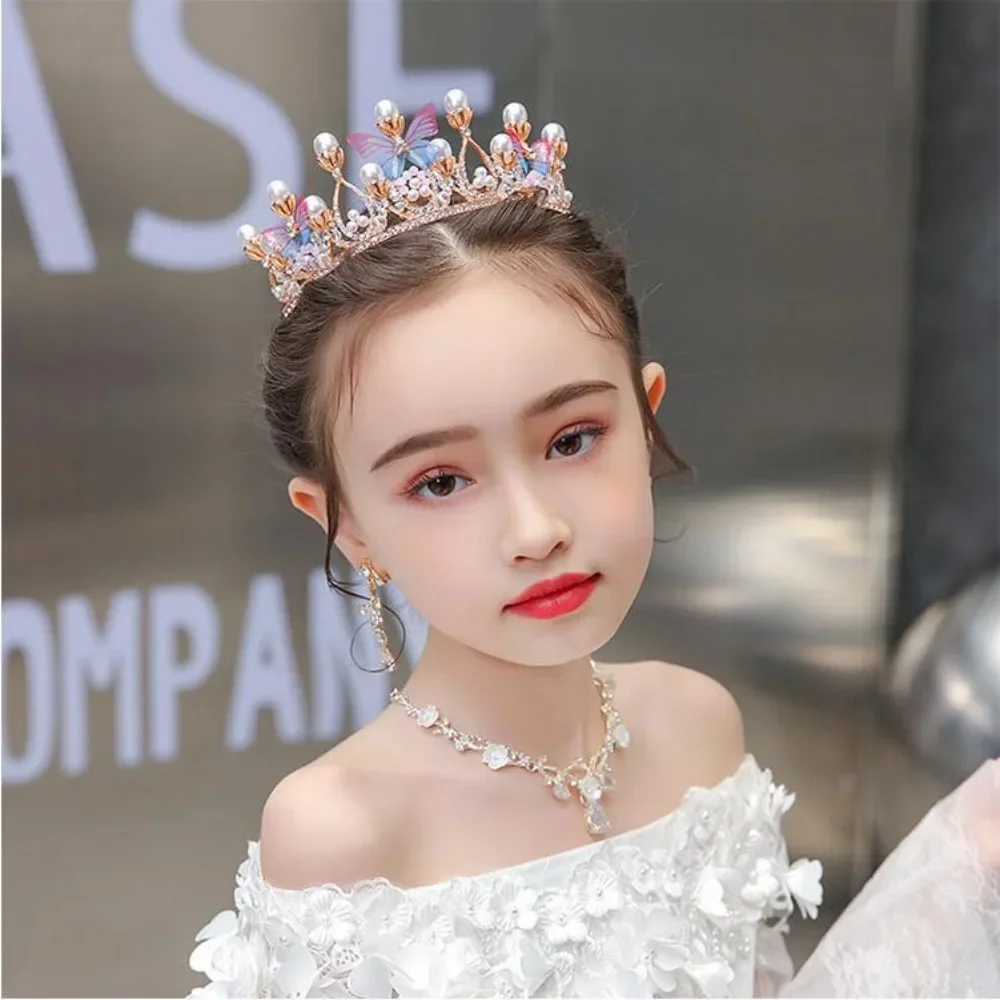 Crystal Pearl Princess Crown Handmade Rhinestone Tiaras for Girls Birthday Wedding Party Hairband Butterfly Decor Festive Gifts
