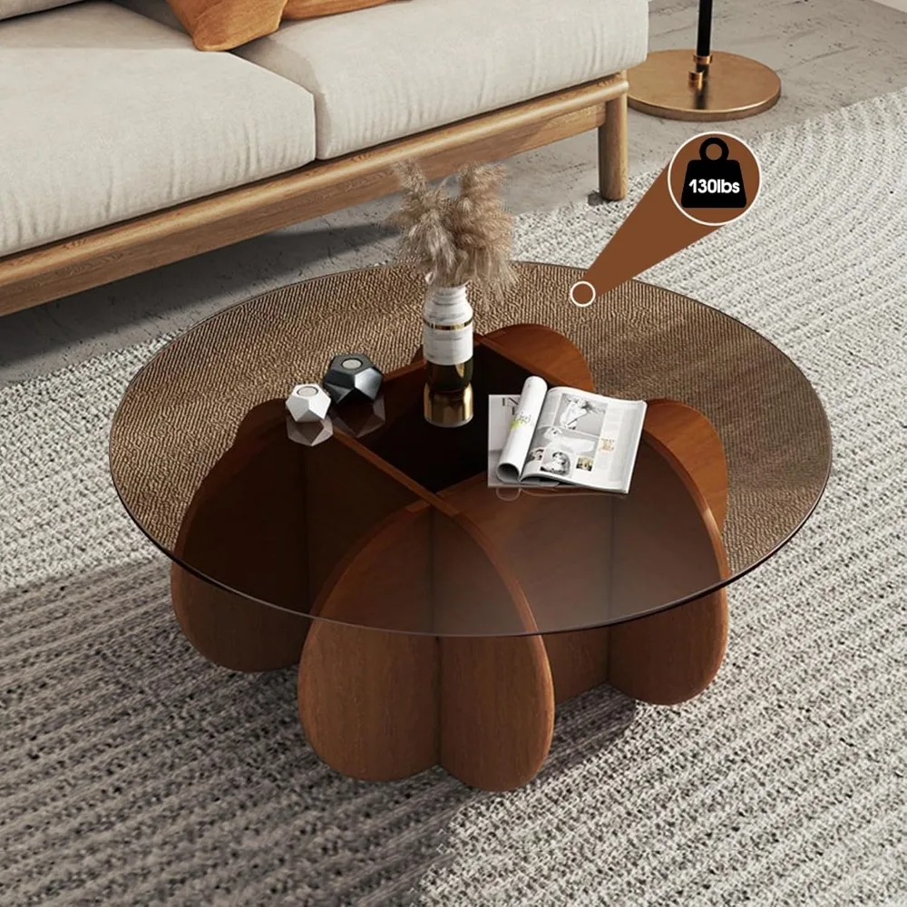 Modern Round Coffee Table 31.5'' Glass Coffee Tables Rustic Circle Center Cocktail Table 5