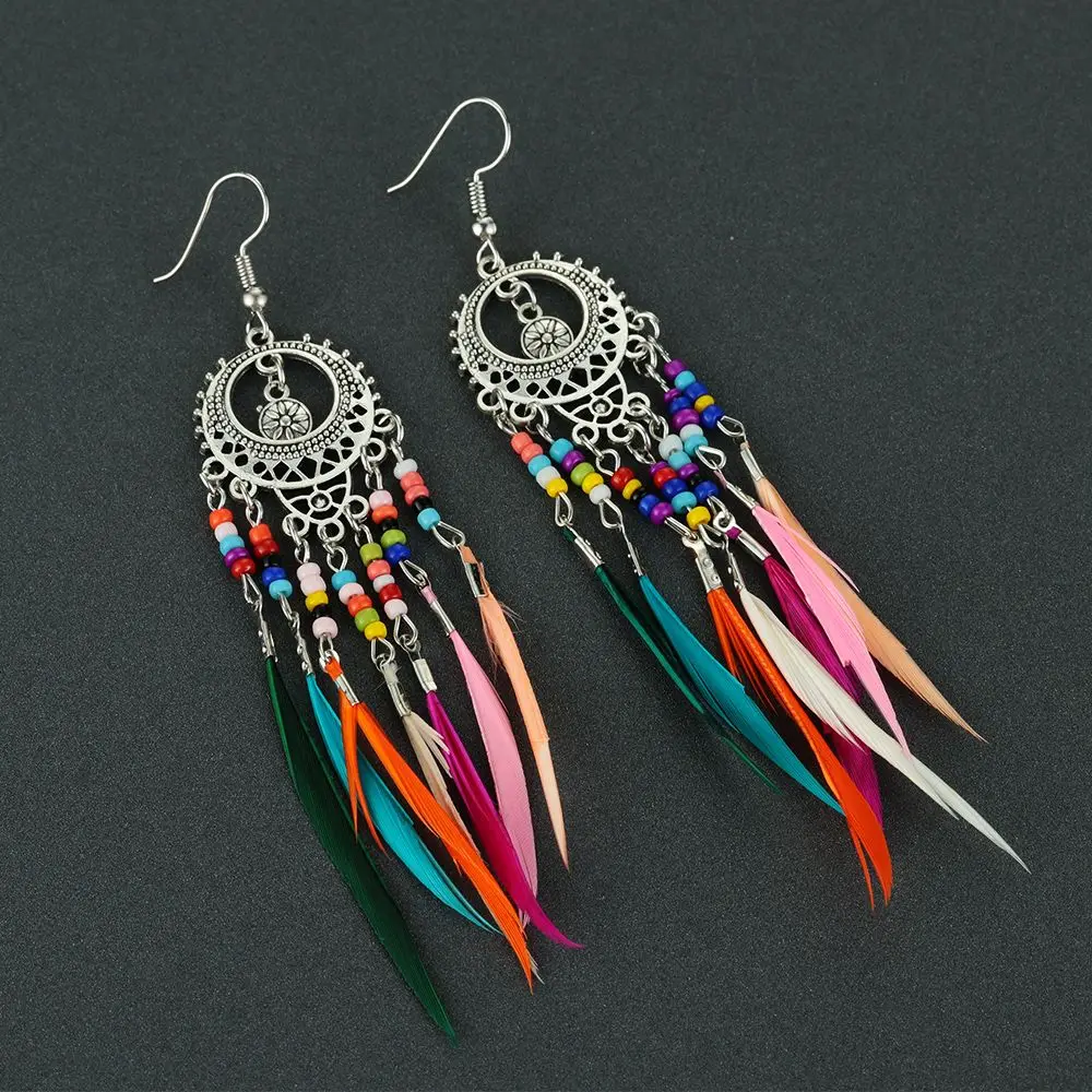 Jewelry Boho Hollow Earrings Feather Dangle Drop Golden Silver Rainbow Beads