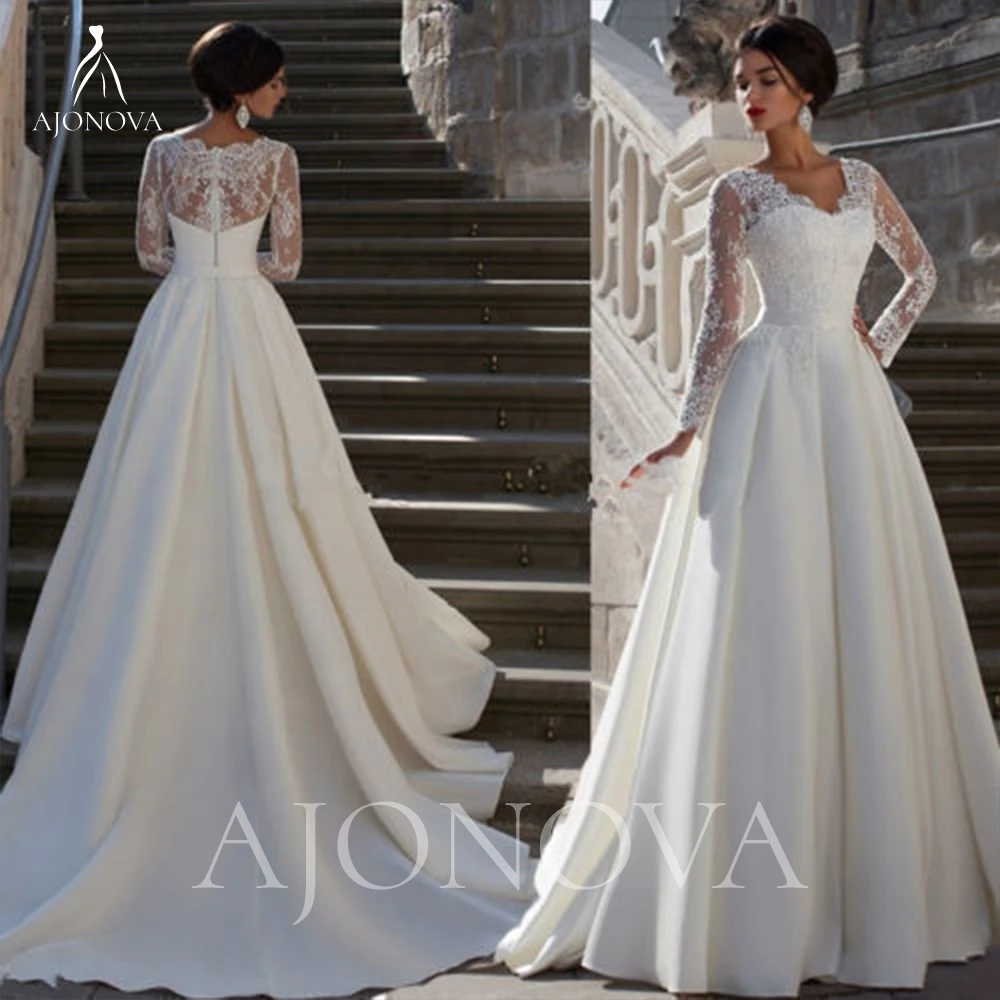 

White Satin Wedding Dresses Boho Wedding Dress for Women 2024 Bride Sweetheart Long Sleeve Elegant Gown Woman Womens Brides New