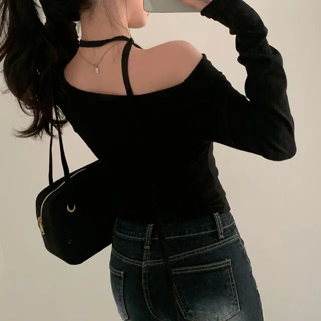 2026 frühling Off Schulter Lange Ärmeln T-shirt frauen Chic Vintage Design Solide Vielseitige Tops Frauen Slim Fit Cropped T-shirts – Detail 37
