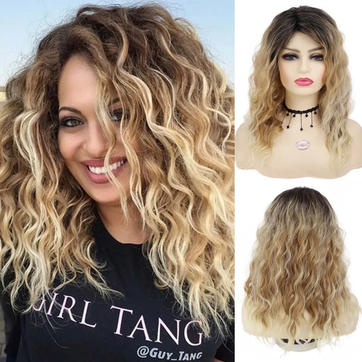 

GNIMEGIL Synthetic Curly Wigs for Women Long Curly Wave Wig Blonde Dark Root Ombre Wig Natural Fluffy Daily Cosplay Ladies Wig